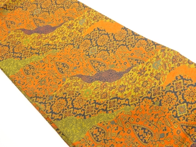 萬葉製　道長取に華文・花葉模様織出し名古屋帯